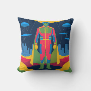 Retro Sci-Fi Hero Over Cityscape Cushion