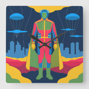 Retro Sci-Fi Hero Over Cityscape Square Wall Clock
