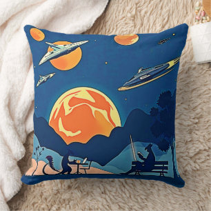 Retro Sci-Fi Planet Scene Cushion