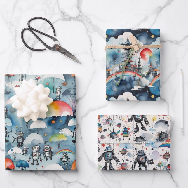 Retro Sci-Fi Robots In Space Wrapping Paper Sheet (Front)