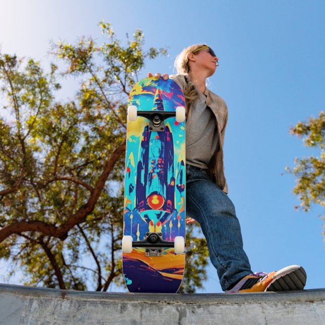 Retro Sci Fi Space Rocket Colourful Skateboard Dec (Outdoor 1)