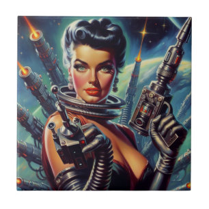 Retro Sci-Fi Woman Painting Tile