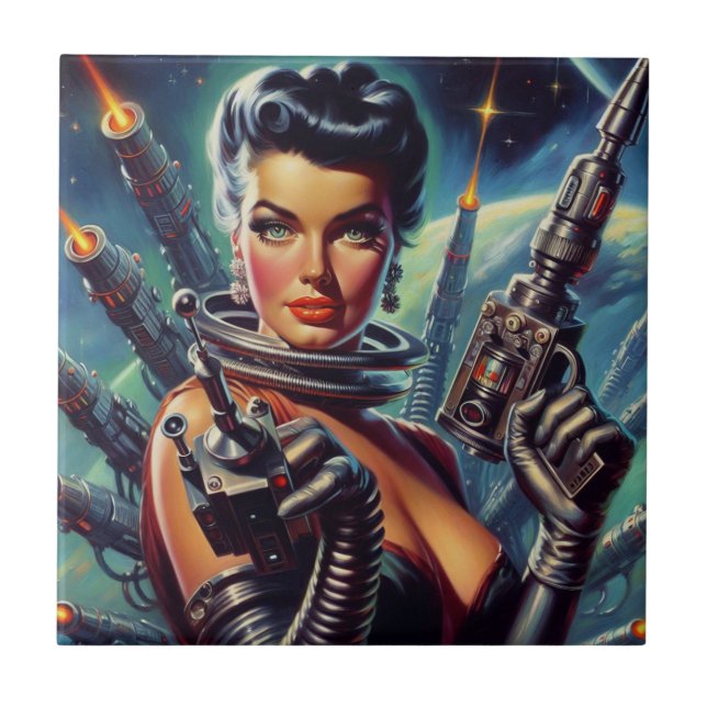 Retro Sci-Fi Woman Painting Tile (Front)