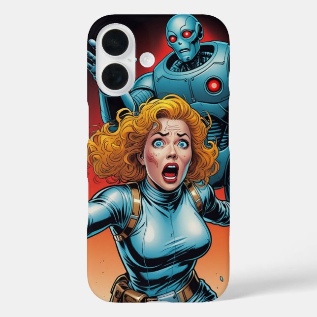 Retro Scifi Woman running from Robot Case-Mate iPhone Case (Back)