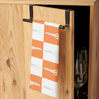 Retro Scissors Orange Chequered Pattern Tea Towel