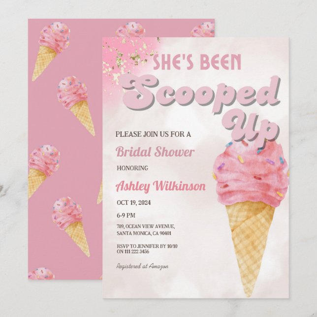 Retro Scooped Up Ice Cream Bridal Shower Blush Invitation (Front/Back)