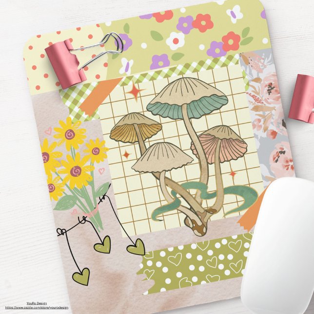 Retro scrapbook collage artwork floral Mushrooms Mouse Mat (Creator Uploaded)