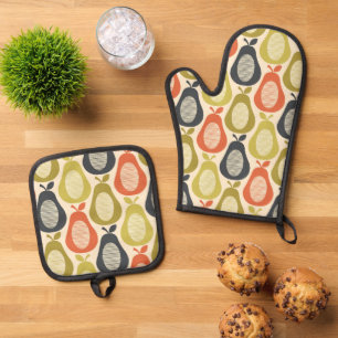 Retro Scribble Pears Pattern Oven Mitt & Pot Holder Set