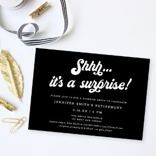 Retro Script Black Surprise Retirement Party Invitation