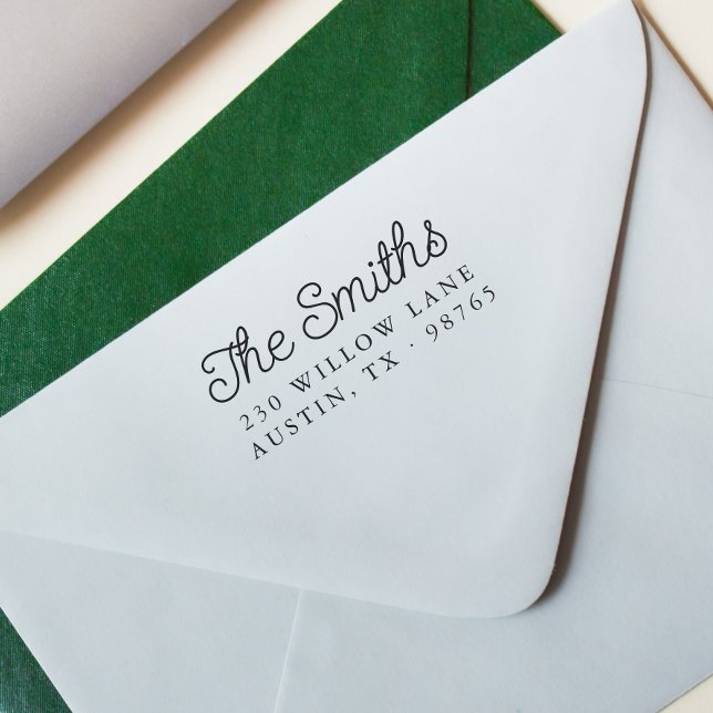 Retro Script Calligraphy Family Return Address Rubber Stamp (Rubber Stamp Mock-up)