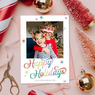 Retro Script Colorful Christmas One Photo Holiday Card