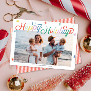 Retro Script Colorful Christmas One Photo Holiday Card