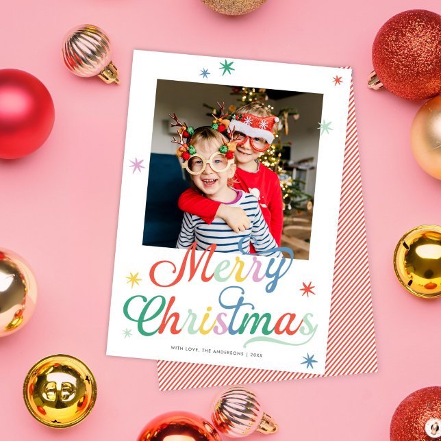 Retro Script Colorful Merry Christmas One Photo Holiday Card (Creator Uploaded)