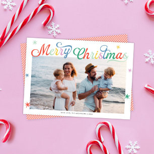 Retro Script Colorful Merry Christmas One Photo Holiday Card