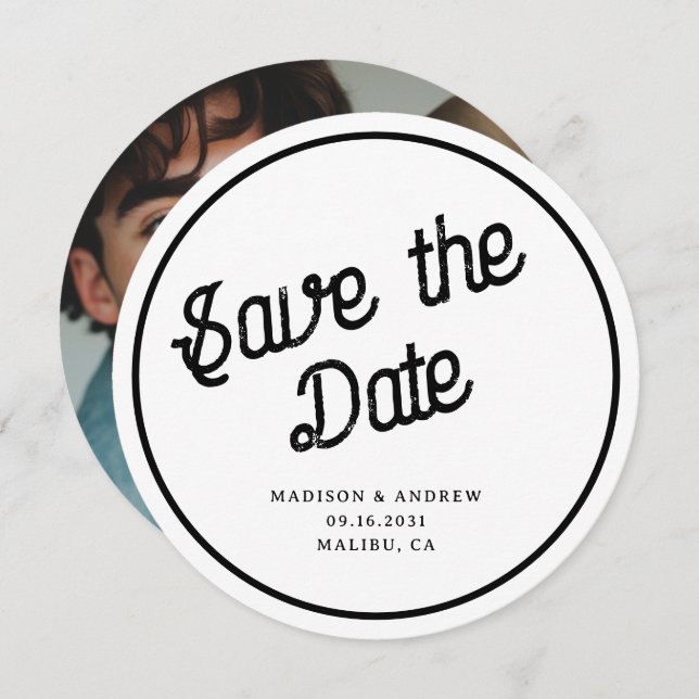 Retro Script Custom Photo Circle Round Wedding Save The Date (Front/Back)