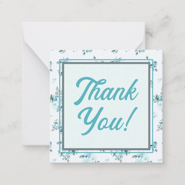 Retro Script Font with Aqua Blue Floral Thank You Card (Front)