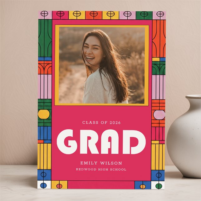 Retro Script Grad Photo Graduation Announcement Postcard (Creator Uploaded)