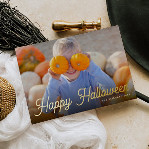 Retro Script Halloween Photo Foil Holiday Card