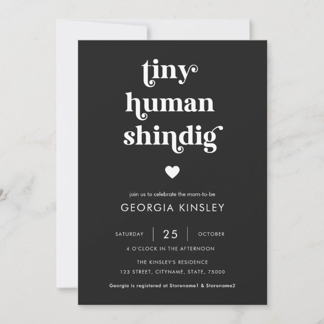 Retro Script Heart Tiny Human Shindig Baby Shower Invitation (Front)