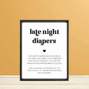 Retro Script Late Night Diapers Baby Shower Sign