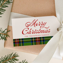 Retro Script Merry Christmas Red Green Plaid