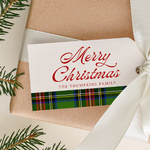 Retro Script Merry Christmas Red Green Plaid Gift Tags
