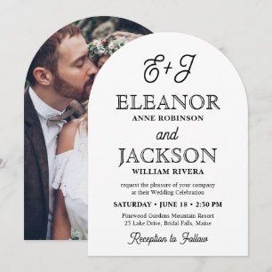 Retro Script Monogram Elegant Arched Photo Wedding Invitation