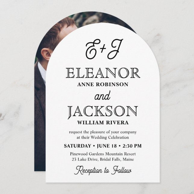 Retro Script Monogram Elegant Arched Photo Wedding Invitation (Front/Back)