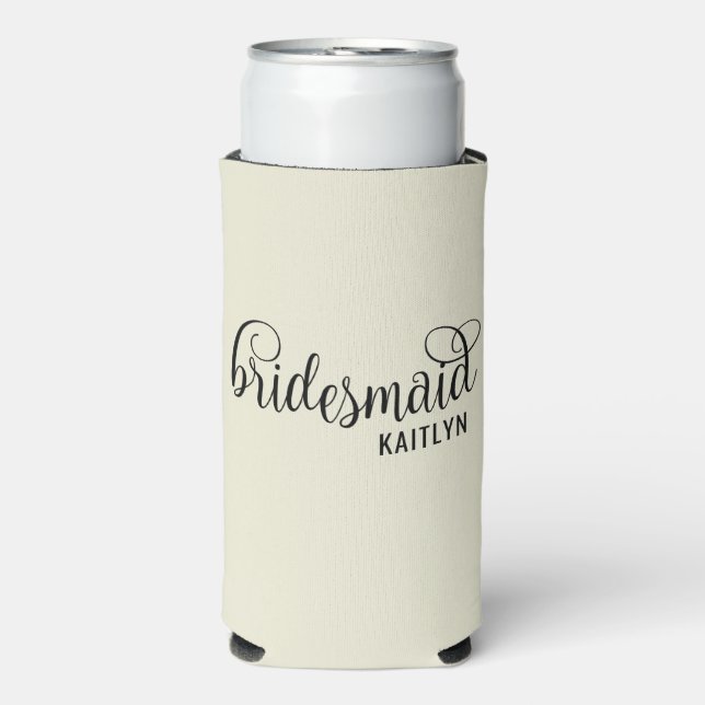 Retro Script Natural and Black Bridesmaid Seltzer Can Cooler (Seltzer Front)