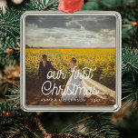 Retro script Our First Christmas couple photo Metal Tree Decoration<br><div class="desc">A modern typography for this photo ornaments collection. To customise with your favourite picture. You can also easily change the colour of the font to your liking.</div>