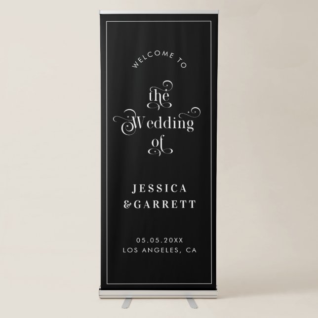 Retro Script Typography Wedding Welcome Black Retractable Banner (Front)