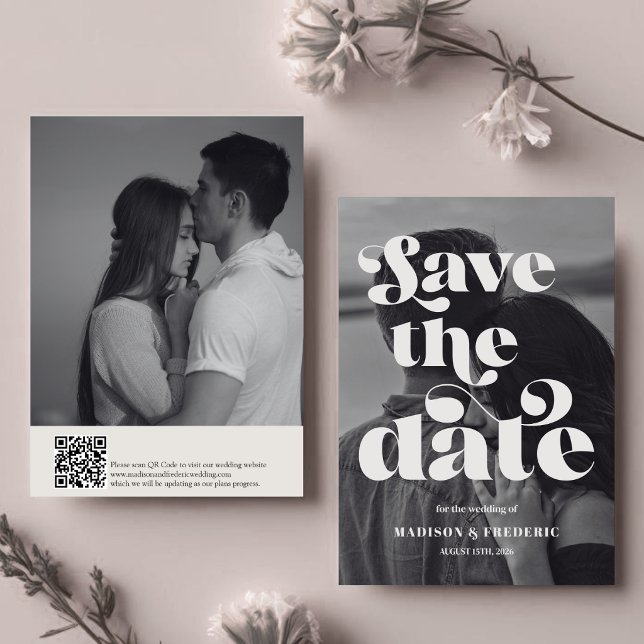 Retro Script Wedding QR Code Black and White Save The Date (Creator Uploaded)
