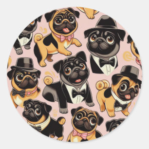 Retro Seamless Cute Pug Classic Round Sticker