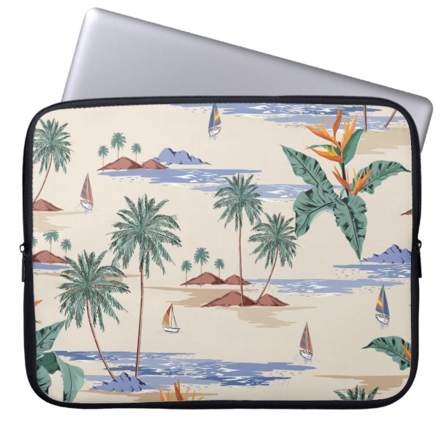 Retro seamless tropical island pattern on light be laptop sleeve (Front)