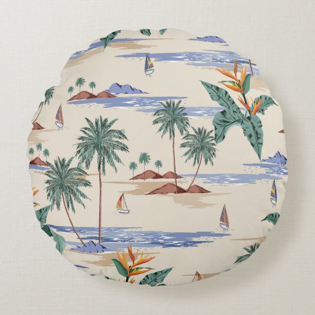 Retro seamless tropical island pattern on light be round cushion (Front)