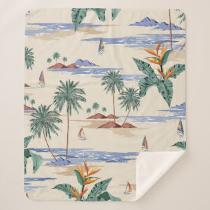 Retro seamless tropical island pattern on light be sherpa blanket
