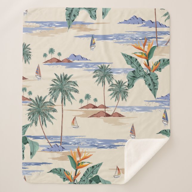 Retro seamless tropical island pattern on light be sherpa blanket (Front)