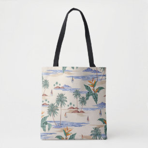 Retro seamless tropical island pattern on light be tote bag