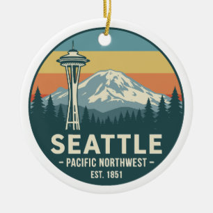 Retro Seattle Pacific Northwest Mt. Rainier Ceramic Tree Decoration