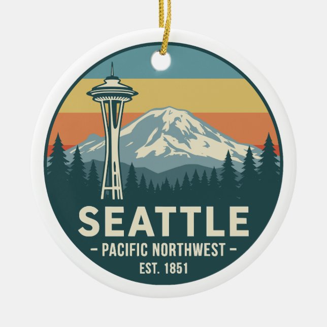 Retro Seattle Pacific Northwest Mt. Rainier Ceramic Tree Decoration (Front)