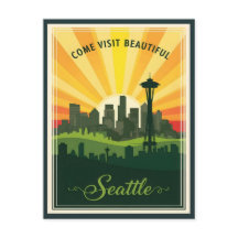 Retro Seattle skyline with space needle at sunset