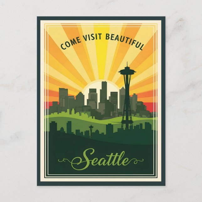 Retro Seattle skyline with space needle at sunset Postcard (Front)