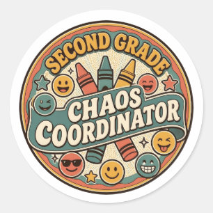 Retro Second Grade Chaos Coordinator Funny Teacher Classic Round Sticker