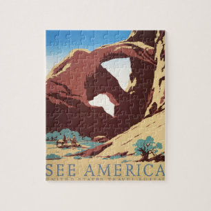Retro See America Western Cowboys Desert Arch WPA  Jigsaw Puzzle