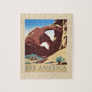 Retro See America Western Cowboys Desert Arch WPA  Jigsaw Puzzle