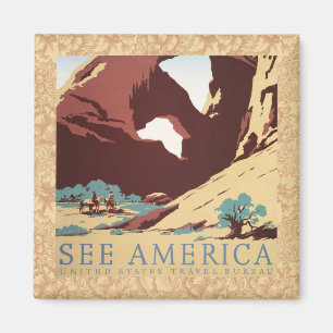 Retro See America Western Cowboys Desert Arch WPA Magnet