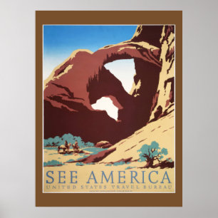Retro See America Western Cowboys Desert Arch WPA Poster