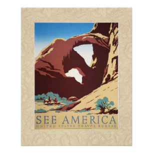 Retro See America Western Cowboys Desert Arch WPA Poster