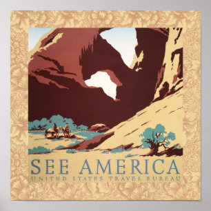 Retro See America Western Cowboys Desert Arch WPA Poster