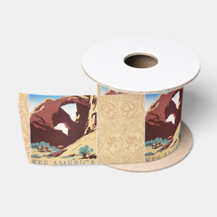 Retro See America Western Cowboys Desert Arch WPA Satin Ribbon